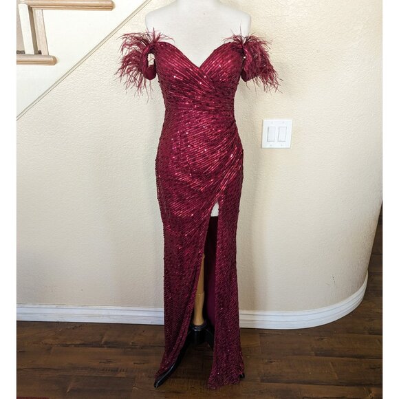 Burgundy Red Off the Shoulder Sequin & Feather Formal Prom Evening Dress - Picture 2 of 6